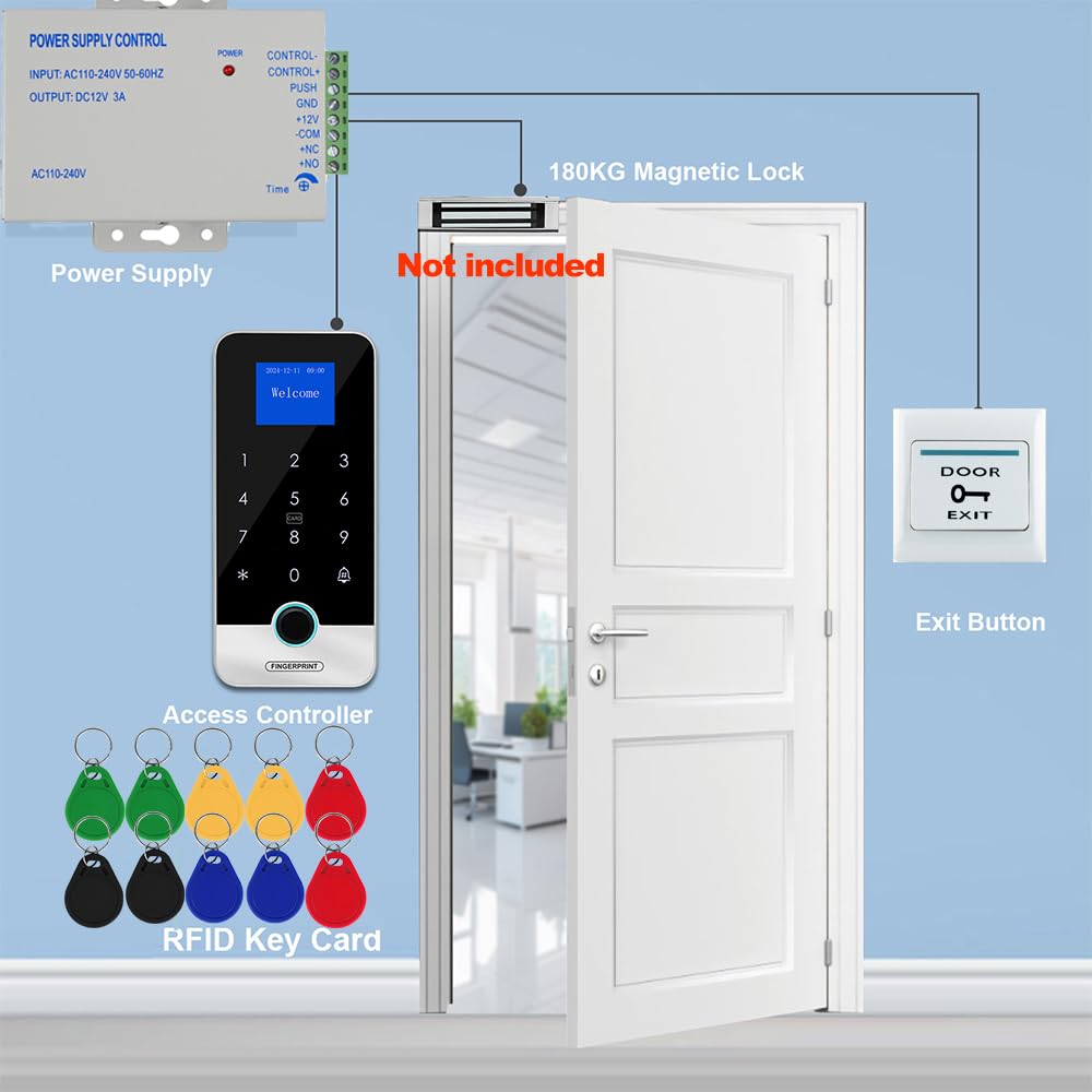 Sistema di controllo accessi con impronta digitale, tastiera RFID impermeabile con alimentatore 12V DC/3A, pulsante di blocco porta, 10 portachiavi.