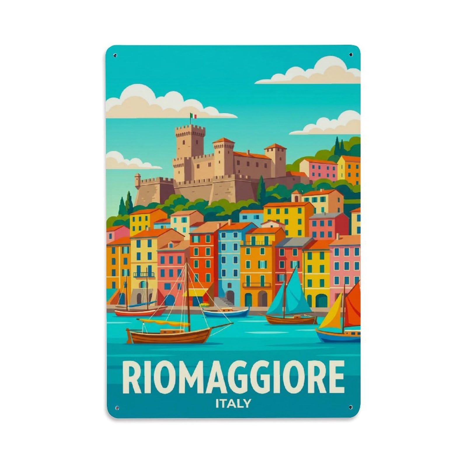 Huiyhb 8X12inch(20X30cm) Vintage Travel Riomaggiore Italy Castle Metal Tin Sign