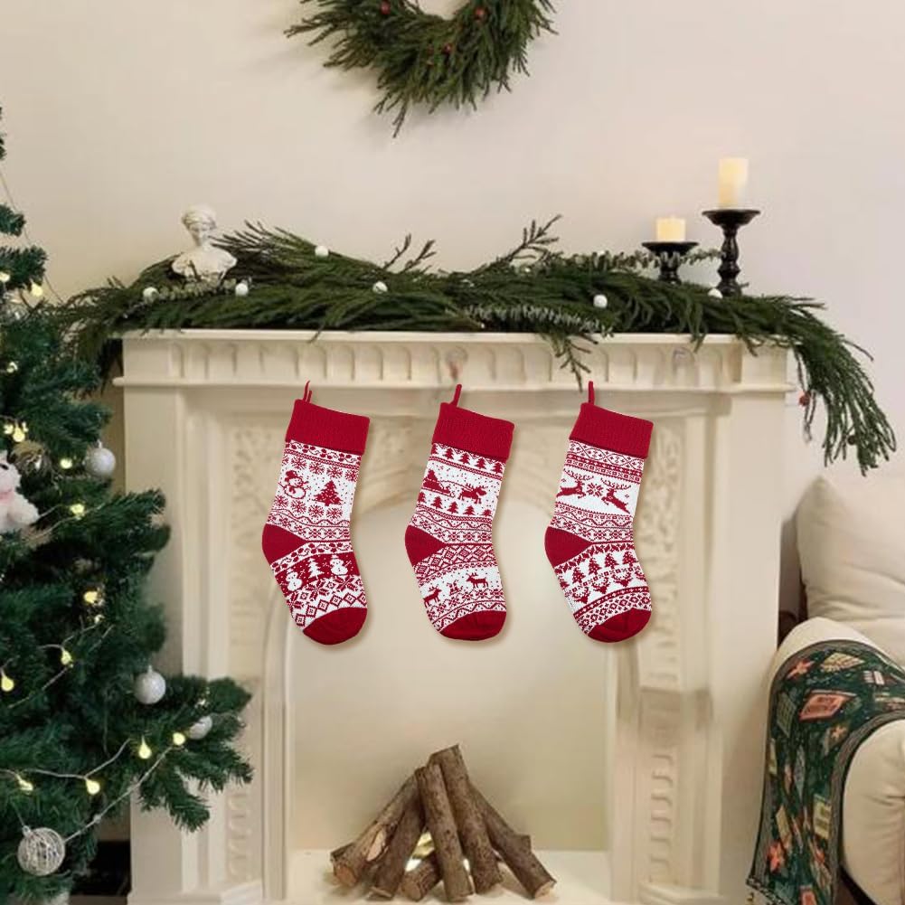 3 Styles 3Pcs 20 Inch Knitted Christmas Stockings Knit Christmas Stockings Bulk Large Nordic Style Long Wool Yarn Xmas Tree Decorations for Family Holiday Party Season Hanging Ornaments