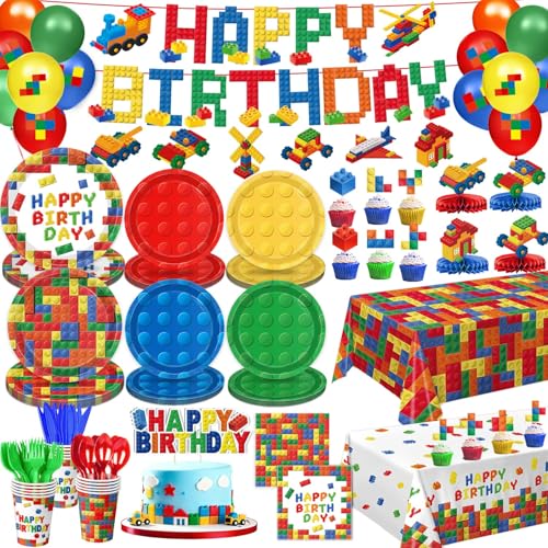 NKPDAXM Building Block Birthday Decorations Colorful Building Block Plates Napkins Cups Tablecloth Banner Hanging Swirls Balloons Honeycomb Centerpieces for Block Birthday Party Serves 24