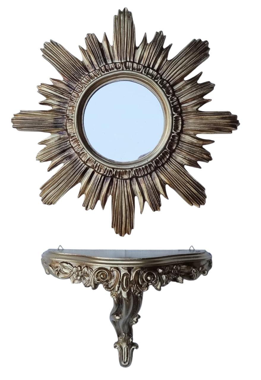 Lnxp Set in Gold Sun Round Wall Mirror + Console M Wall Bracket Baroque Antique 42 x 42 cm Hallway Entrance Furniture Console Shelf Mirror Wall Shelf