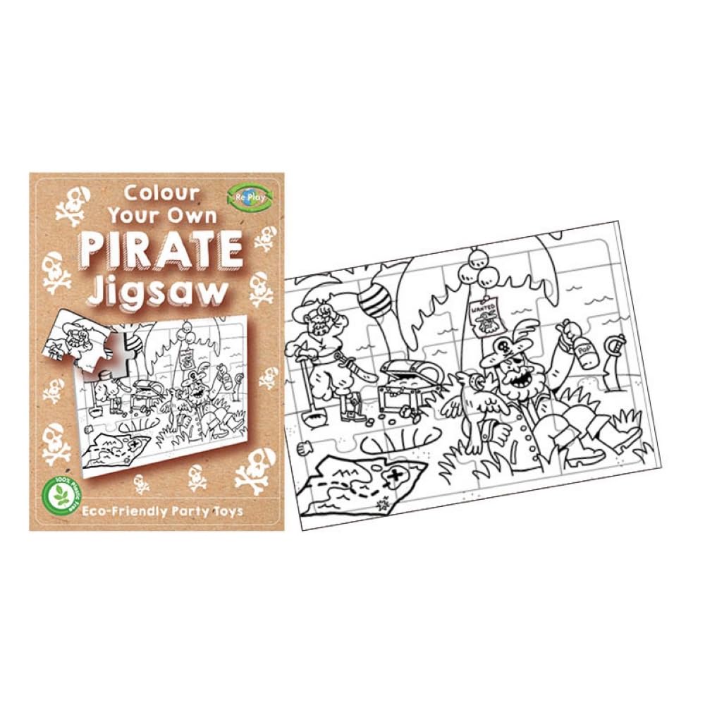 Playwrite Re:Play PACK OF 12 100% Plastic-Free Eco Friendly Colour Your Own Pirate Jigsaw | Pirate Colouring Party Activity Toy Jigsaw Puzzle for Kids