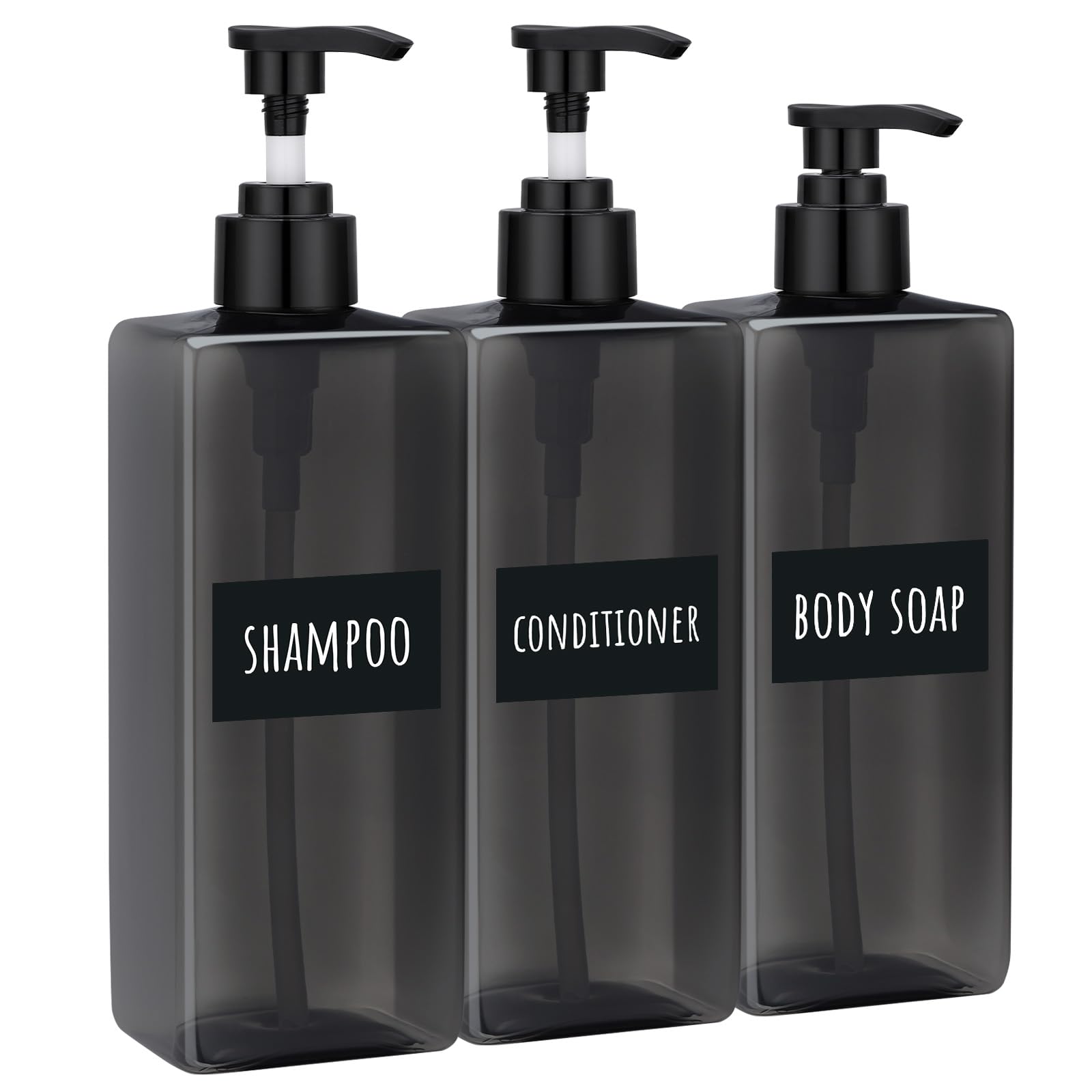 Segbeauty 16.9oz Shampoo Bottles Refillable Pump Bottle, 3pcs Shower Bottle Soap Dispenser with Labels, 500ml Gray Empty Plastic Square Shampoo Conditioner Dispenser, Body Wash Containers for Bathroom