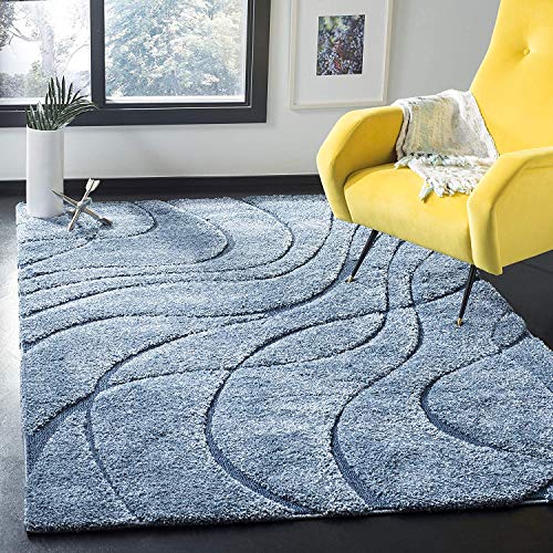 Image of Geometric Wave Shaggy Rectangular Carpet For Living Room,Bedroom,High Low Design Finish Microfiber 1.8 Inch Pile High,3X5 Feet Royal Blue|Blue Color