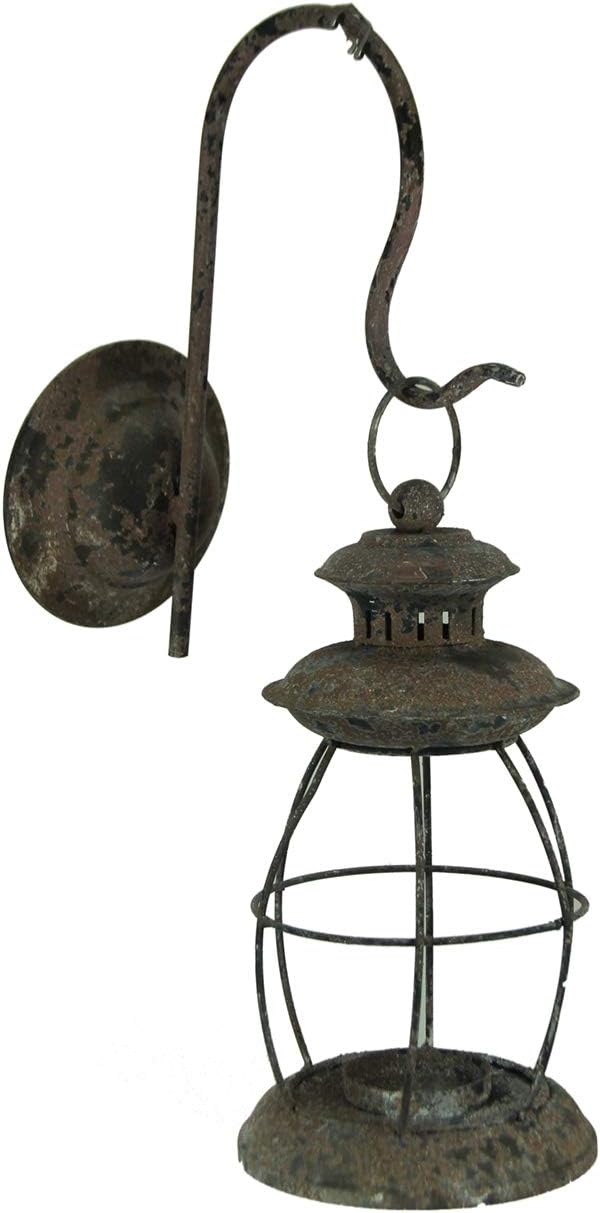 Antique-Inspired Rustic Brown Finish Metal Vintage Lantern Wall Mounted Candle Sconce - Timeless Elegance for Western or Farmhouse Decor - 16.25 Inches High