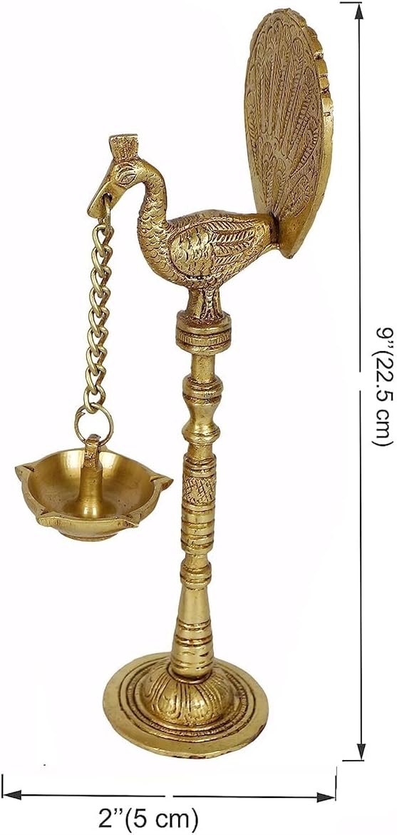 Traditional Brass Hanging Diya Set, Peacock Design Oil Lamps, 9 Inches Tall, Antique Yellow Finish, Chain Mounted Temple Lights for Pooja, Pack of 2