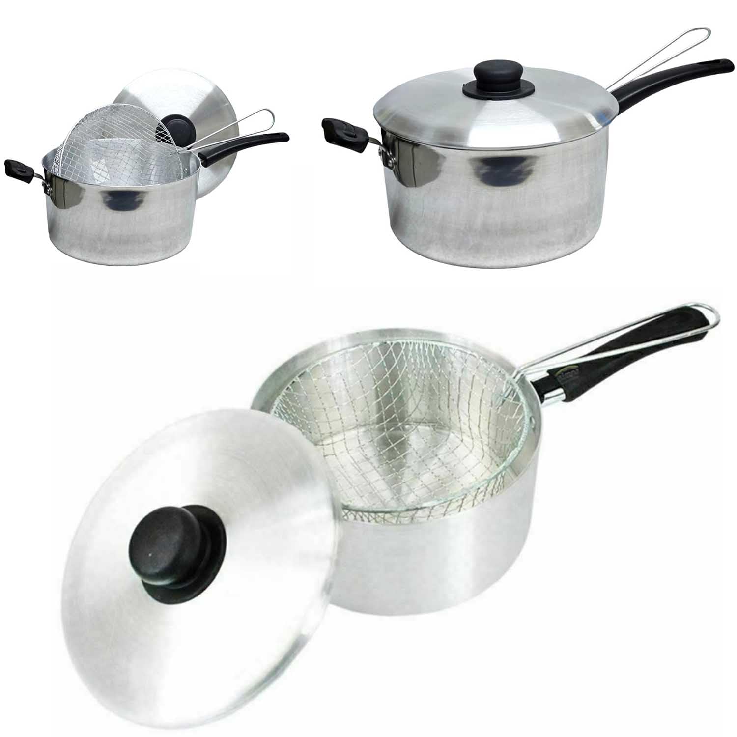 SAVING HUB Chip Pan with Basket & Lid - Aluminum Deep Fat Fryer Pot - Strong Wire Mesh Basket, Chip Pan Fryer - Kitchen Food Cooking Pans - Dishwasher Safe (22cm)