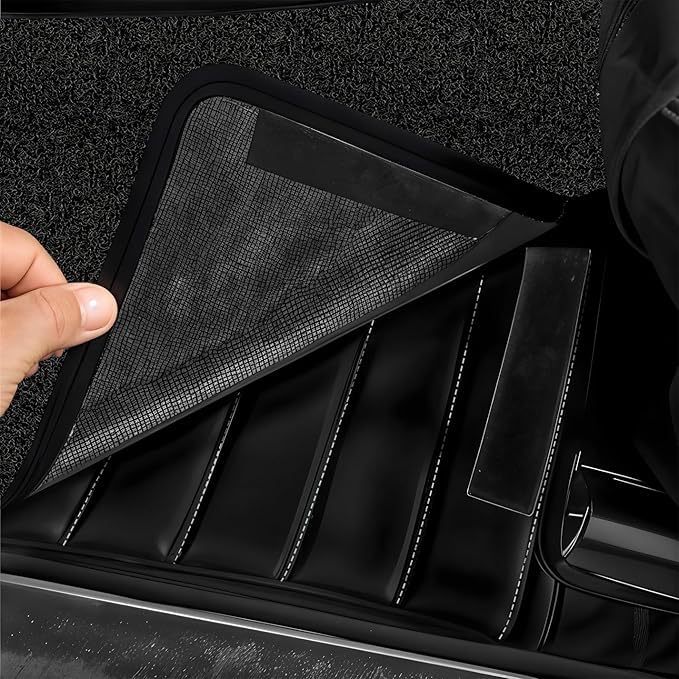 Image of Premium 12D Car Foot Mat for Mahindra Thar (2015-2019) | Luxury Leather | Double Layered | Waterproof and Washable | Custom Fit | Detachable Grass Mat | Black and Silver