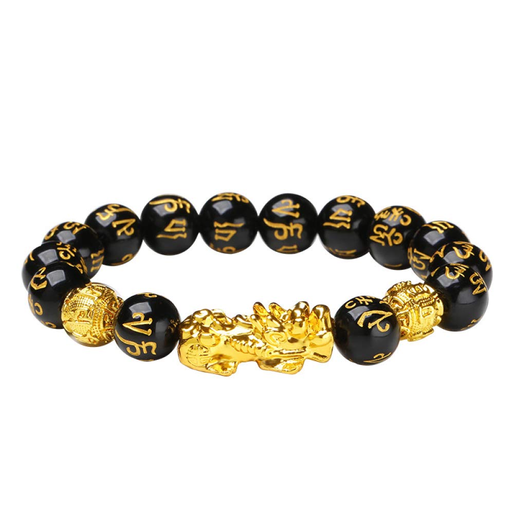 HUOQILIN Feng Shui The Best 11mm Black Hand Carved Mantra Bead Bracelet With Golden Pi Xiu/Pi Yao Lucky Wealthy Amulet