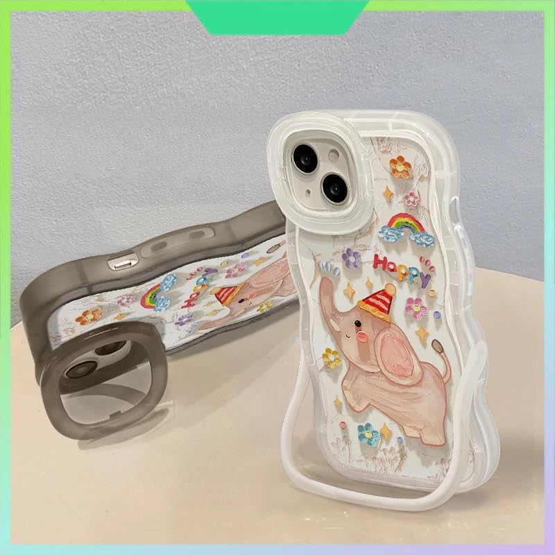 Image of COVERLY 3D Cute New Baby Elephant Cartoon Rainbow Star Floral Decor Wave Curly Edge Invisible Double Phone Stand Holder Happy Dance Cover Girly Charm Case for Apple iPhone 15 Pro Max (White Color)