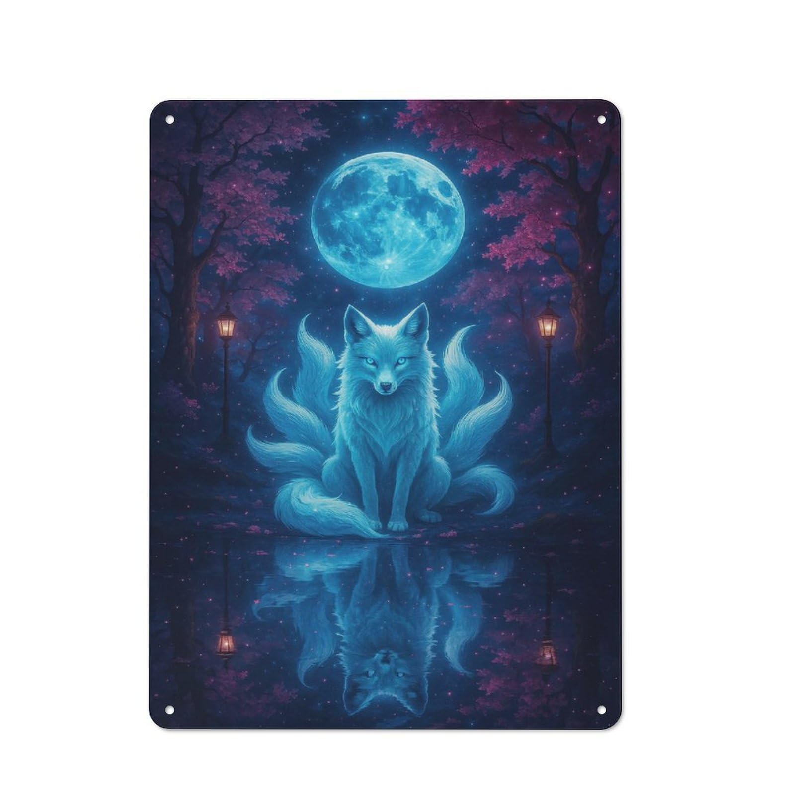 Junmoney Style-18 Retro Metal Wall Sign 40X30cm Featuring Nine-Tailed Fox Under Moonlight For Garage Wall, For Garage, Workshop And Man Cave Decoration