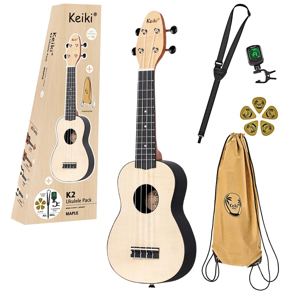 Ortega Guitars Soprano Ukulele Lefthanded – Acoustic – Keiki K2 Series – Including Accessories – Maple, ABS, Natural (K2-MAP-L)