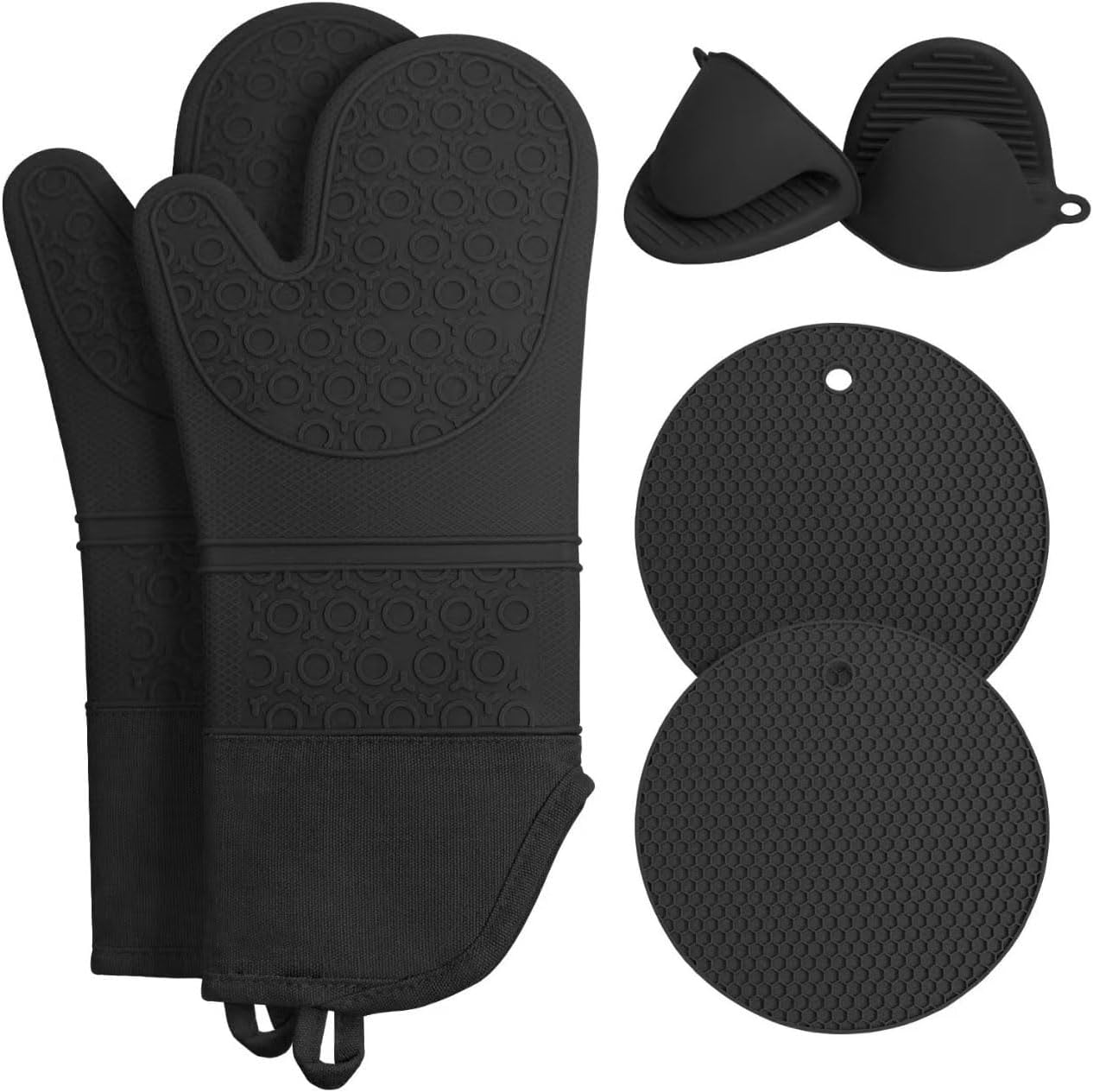 6PCS Silicone Oven Mitts and Pot Holders Sets for Kitchen, Extra Long Oven Mitts Heat Resistant, Non-Slip Oven Gloves with Hot Pads and Kitchen Mitts Set for Baking Cooking (Black)