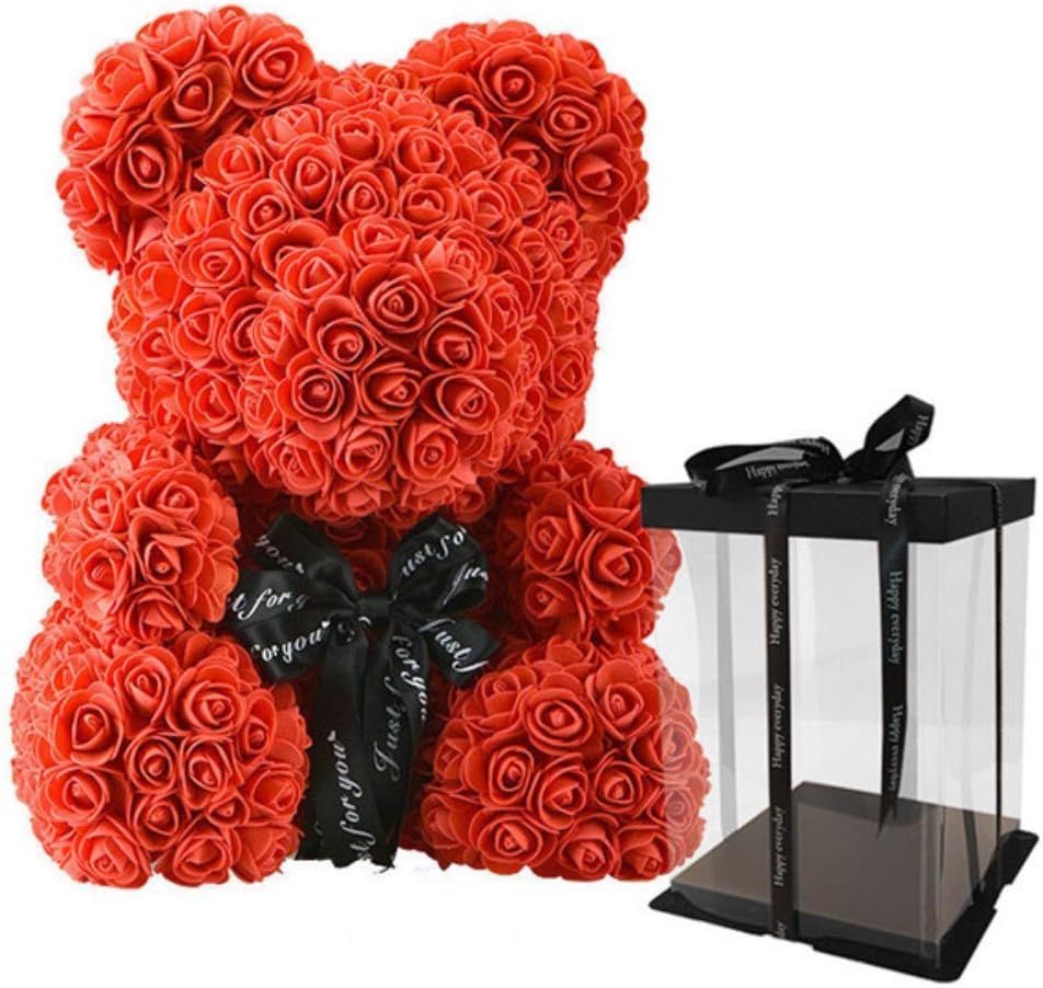 Rose Flower Teddy Bear Shaped Artificial Flowers Valentines Wedding Anniversary Birthday Gifts Toys for Girlfriend Girls, Gift Package (Red, 25cm/10inch)