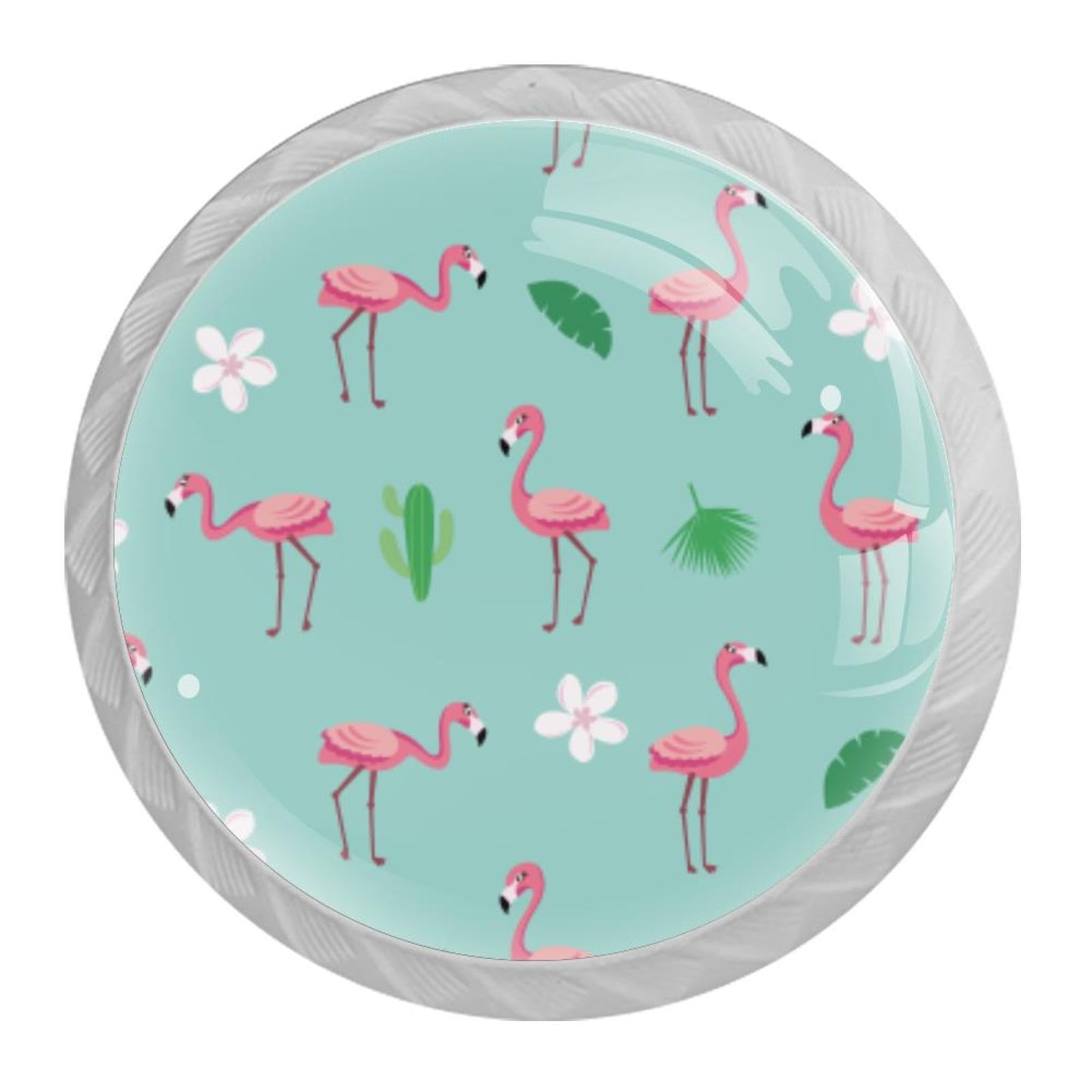 Tqmspg Multi04 4 Pieces Drawer Pulls Cute Flamingo Bird Cactus Flowers Pattern Door Knobs Dresser Handles For Kitchen Wardrobe Cupboard Hardware Furniture