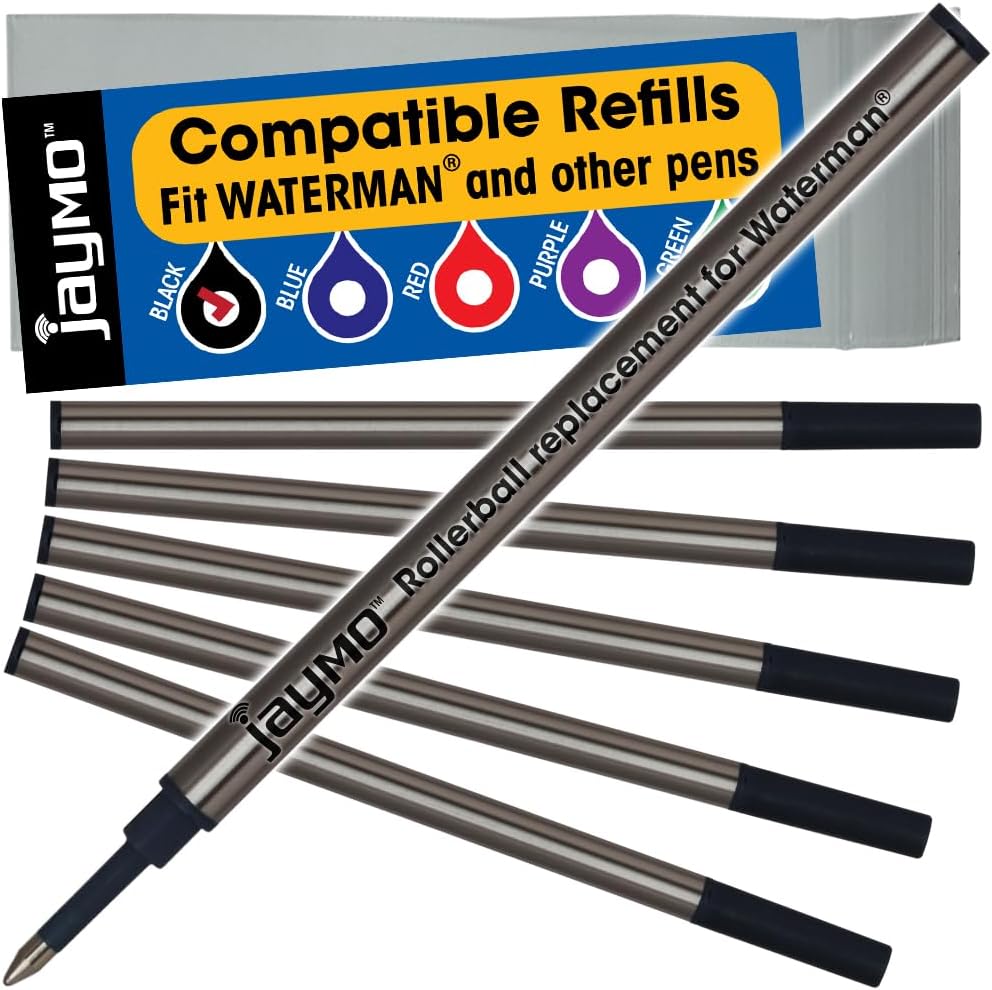 Jaymo Replacement for Waterman 540951 and Schmidt 5888 - Measures 4.3 in / 109 mm Long - Rollerball Pen Refill - 6 Black