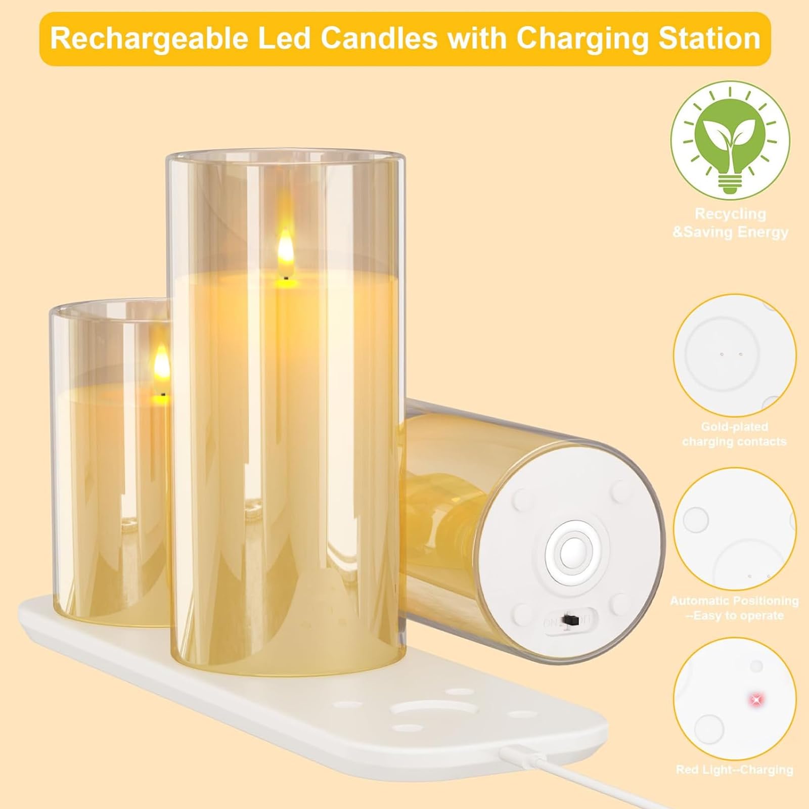 EXTSUD Candele a LED senza fiamma, Set di 3 Candela con Stazione Telecomando e Funzione Timer, Ricaricabili Candele Avvento Decorazione per Natalizie, Giallo