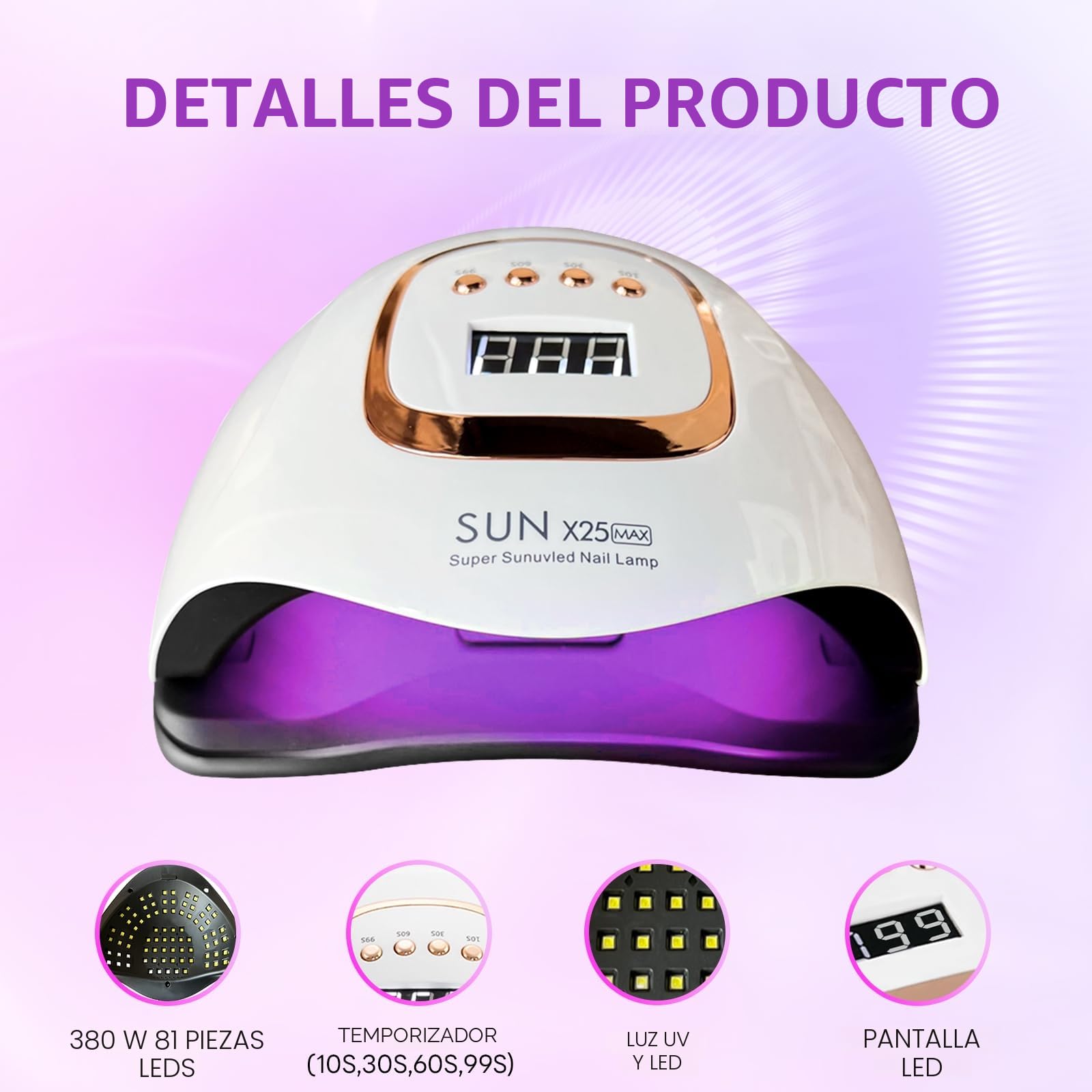 Lámpara de uñas UV LED de 380 W, con 81 perlas LED, secador profesional para esmalte de gel, luz UV con 4 ajustes de temporizador, sensor automático, pantalla LCD