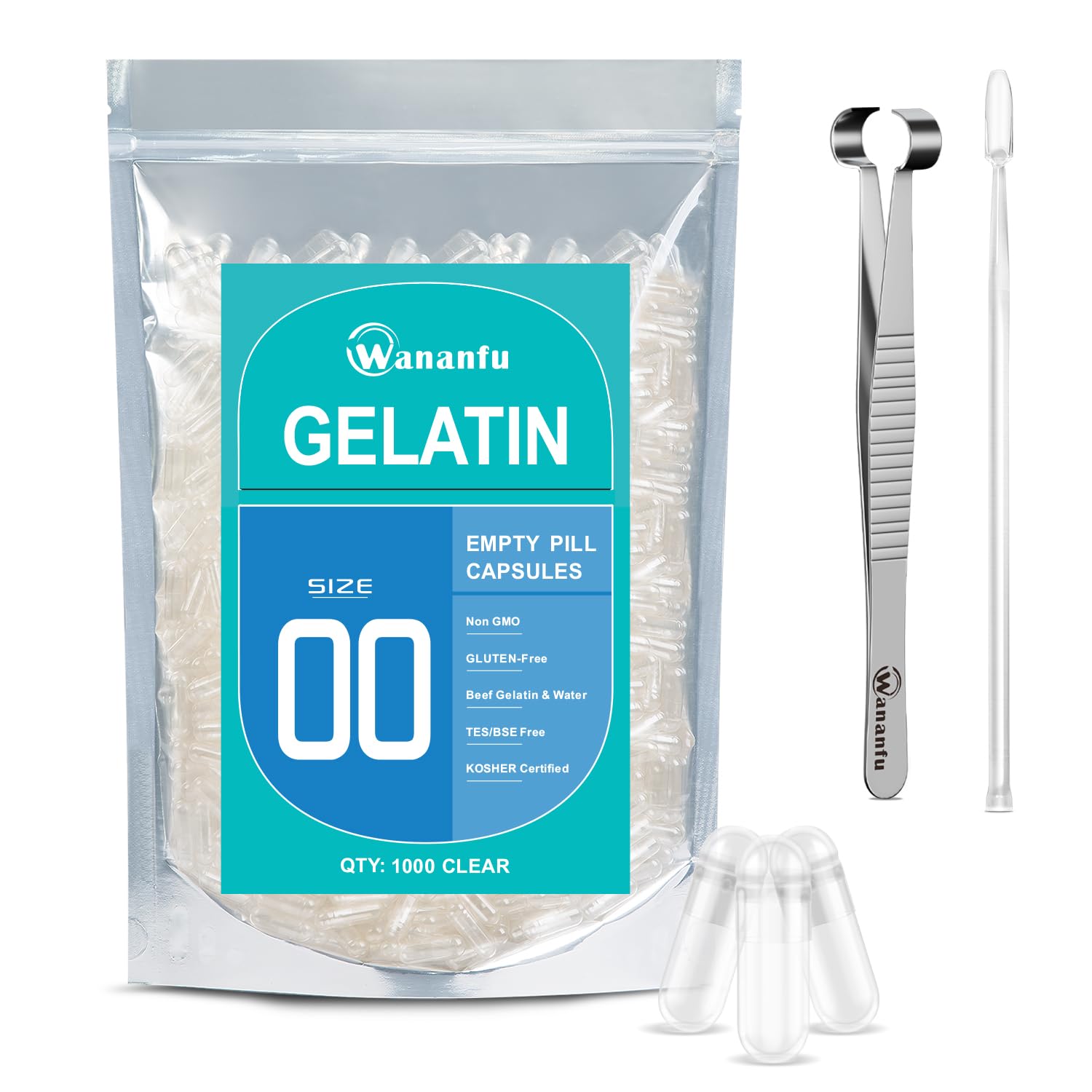 Size 00 Empty Capsules Gelatin (1000 Count) Bundle with Capsule Tweezer and Micro Lab Spoon, Clear Fillable Gel Pill Capsules 00 for Making Your Own Supplements