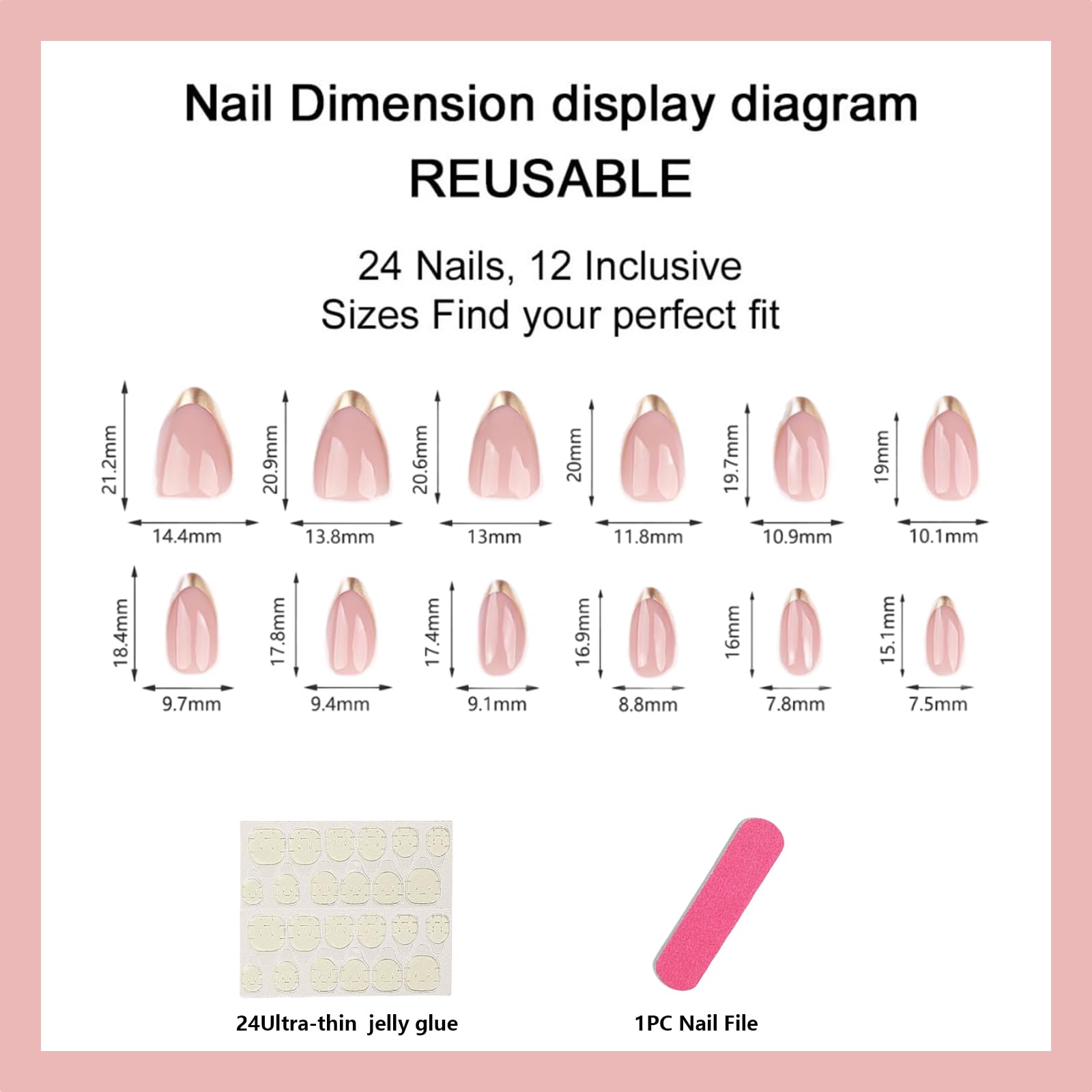 Press On Nails, 24 szt. Różowe krótkie sztuczne paznokcie ze złotymi końcówkami, błyszczące wykończenie żelowe, zestaw do paznokci wielokrotnego użytku z klejem dla kobiet