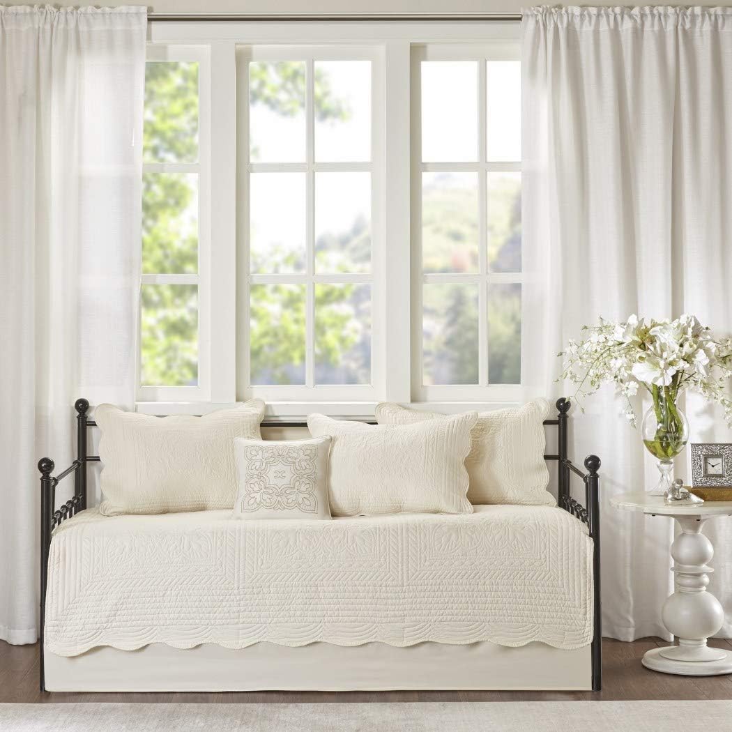 6 Piece Ivory Floral Daybed Cover Set, Geometric Coastal French Country Shabby Chic Motif Flower Scalloped Edges Pattern Day Bed Bedskirt Pillows, Polyester