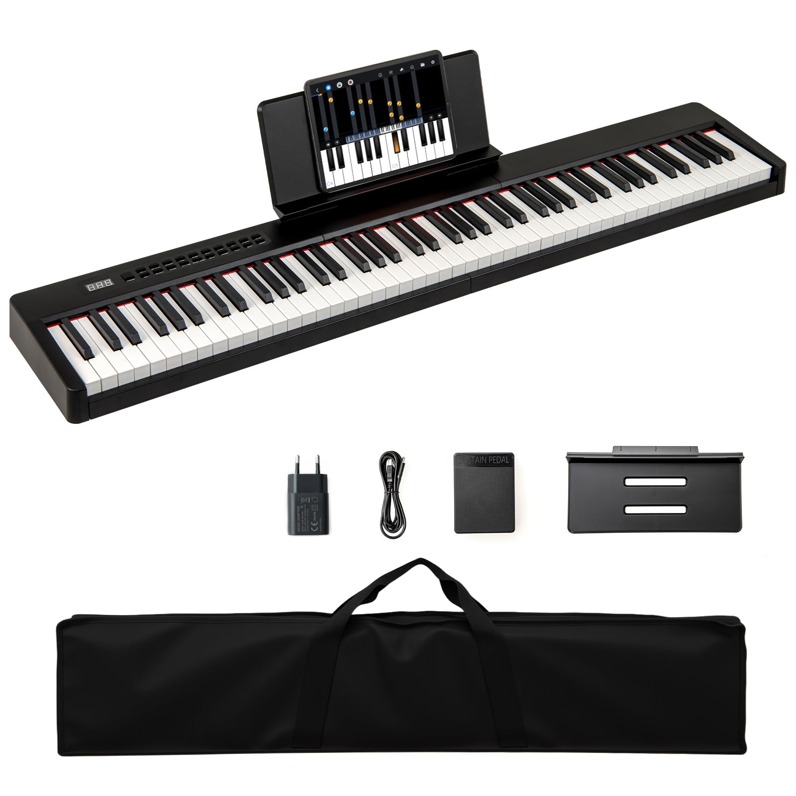 COSTWAY Piano Numérique 88 Touches avec Pupitre & Pédale, Clavier Électronique Portable avec Haut-Parleurs & Fonction MIDI & Sac, 380 Sons 128 Rythmes 88 Démos pour Débutants Enfants (Noir)