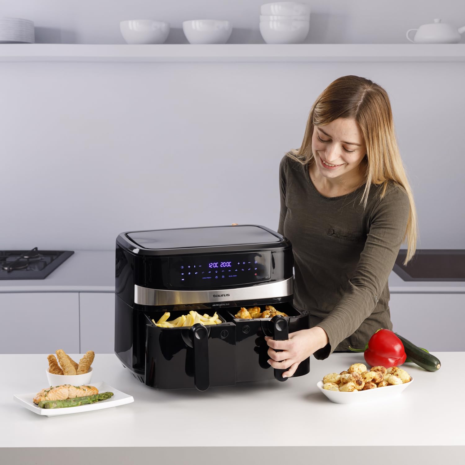 Taurus - Friggitrice Ad Aria Senza Olio Air Fry Digital Duo 9L | 2.600W | Doppio cestello 4,5L | 12 programmi predefiniti | Timer digitale 60 minuti | Air Fryer Touch Screen | Senza BPA