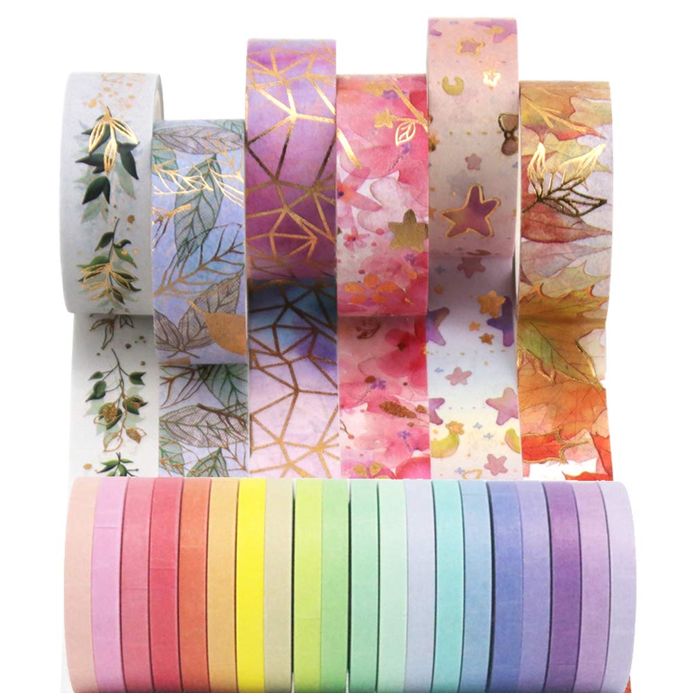 26Rolls Washi Tapes, 6Rolls Flower Decorative Tapes 1.5CM Coloured Masking Tape and 20Rolls Scrapbooking Tape 0.5CM Candy Colored Tape for DIY, Bullet Journal, Craft, Gift Wrapping, Scrapbooking