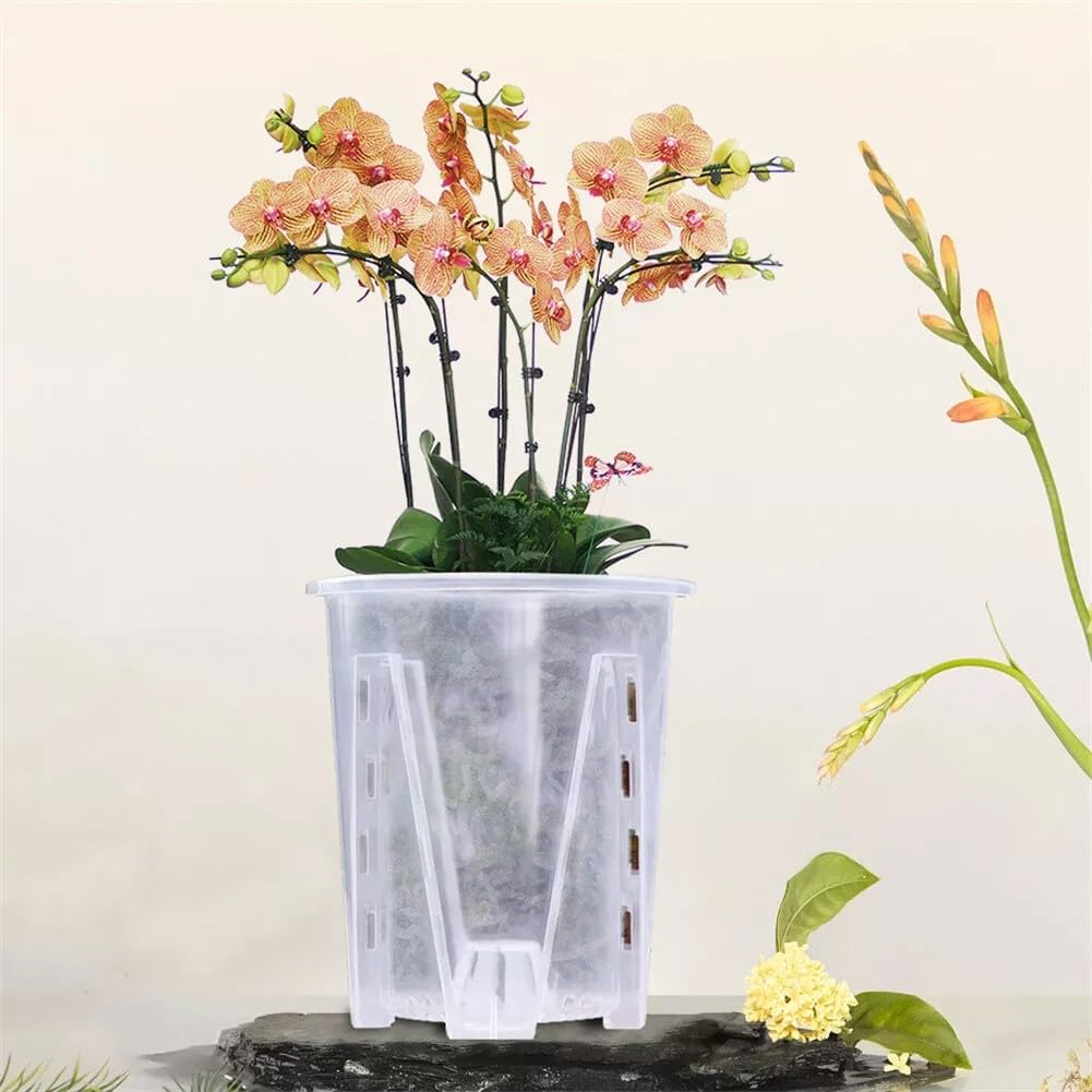 Przezroczyste doniczki z tworzywa sztucznego, 5 przezroczystych doniczek na storczyki dla Phalaenopsis, Dendrobium z kontrolą korzeni, otworami drenażowymi, podstawkami