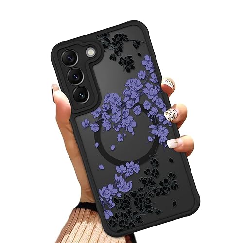 OOK Case Fit for Samsung Galaxy S22 6.2 Inch (Wireless Charging Compatible) Purple Floral Flowers Design Translucent Phone Cover Soft TPU + Hard PC Anti-Scratch Shockproof Magnetic Case for Women - for Samsung Galaxy S22 - Purple Floral