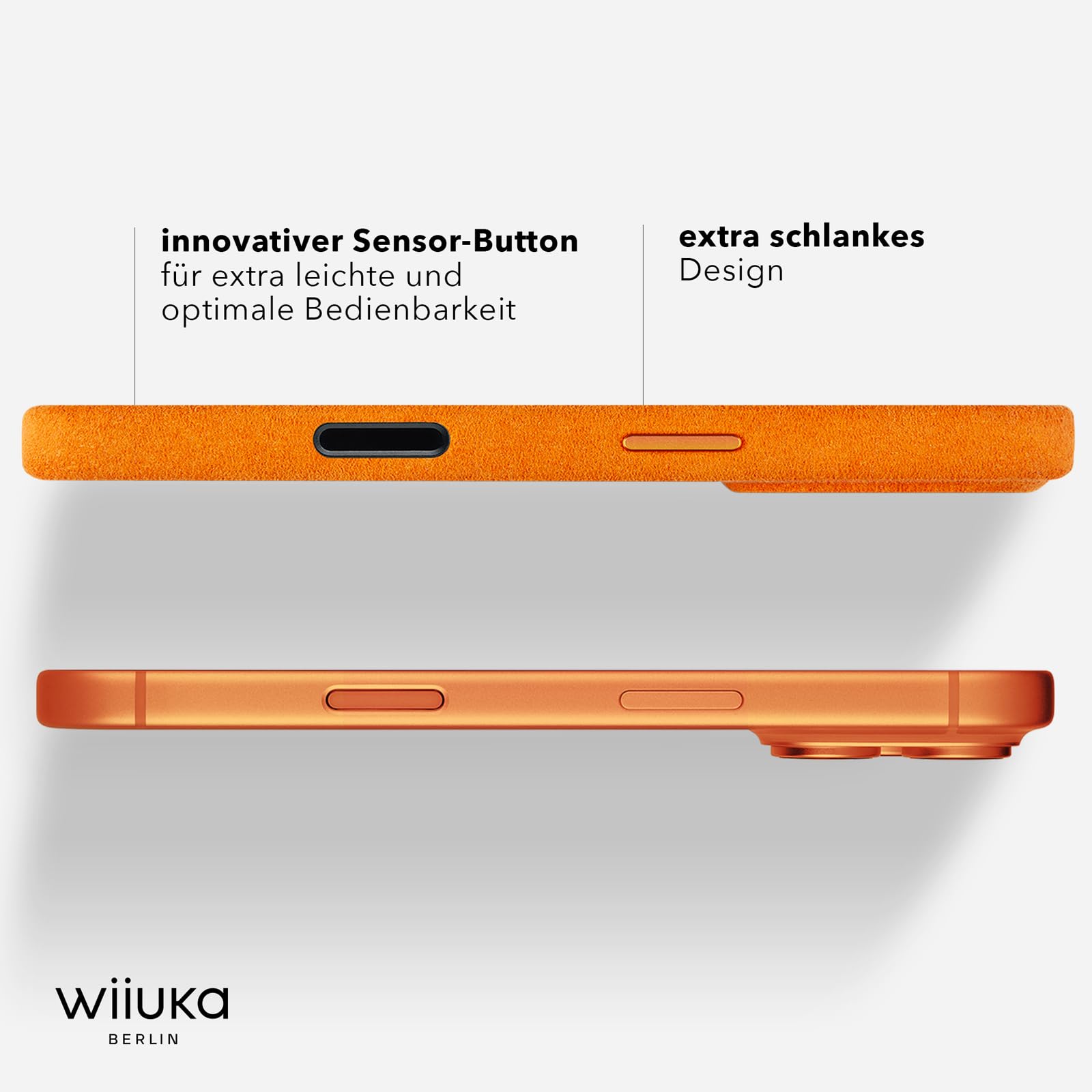 WIIUKA - Custodia protettiva in Alcantara per iPhone 17 Pro Max fatta a mano - Extra sottile - Alternativa alla pelle - Scio Alcantara - Arancione