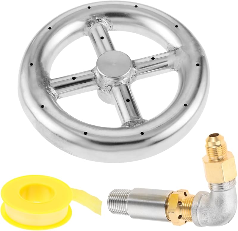 Anillo redondo para quemador de hoguera de 6.0 in con mezclador de aire de acero inoxidable y latón de 1/2 pulgadas, válvula pulverizadora con boquilla de codo de 90° para chimenea de gas natural y porpano, BTU 88000 Max