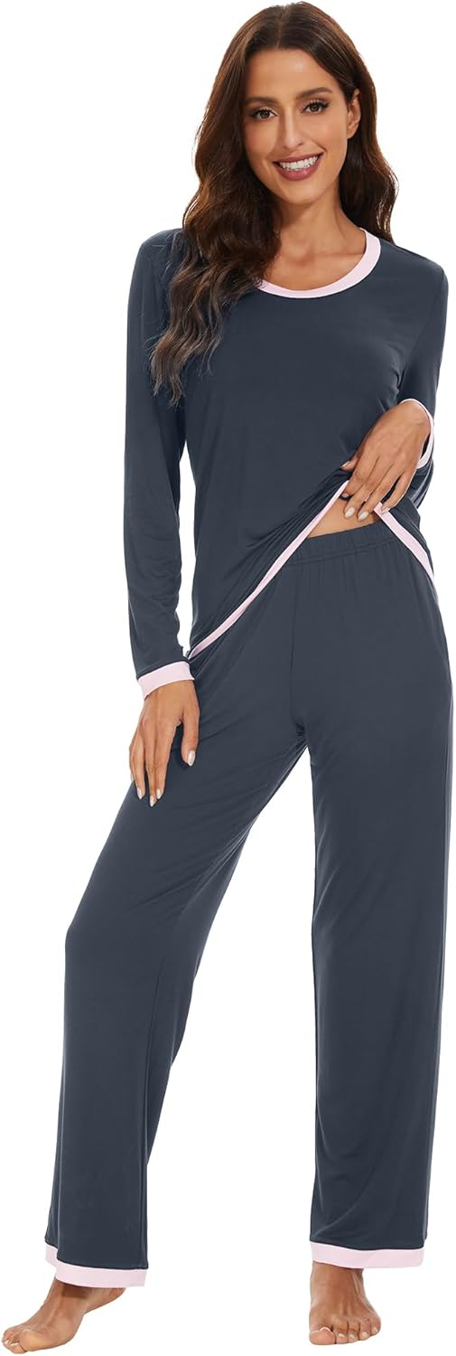 WiWi Women's Pajama Sets Soft Long Sleeves Top with Pants Cooling PJ 2 Piece Viscose from Bamboo Loungewear Set S-XXL