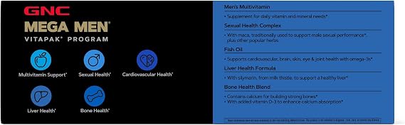 GNC Mega Men 40+ Vitapak for Men, 5-in-1 Multivitamin Pack, 30 Servings | Supports Energy Production and a Healthy Immune System, Supports Prostate Health with Saw Palmetto and Pumpkin Seed Oil