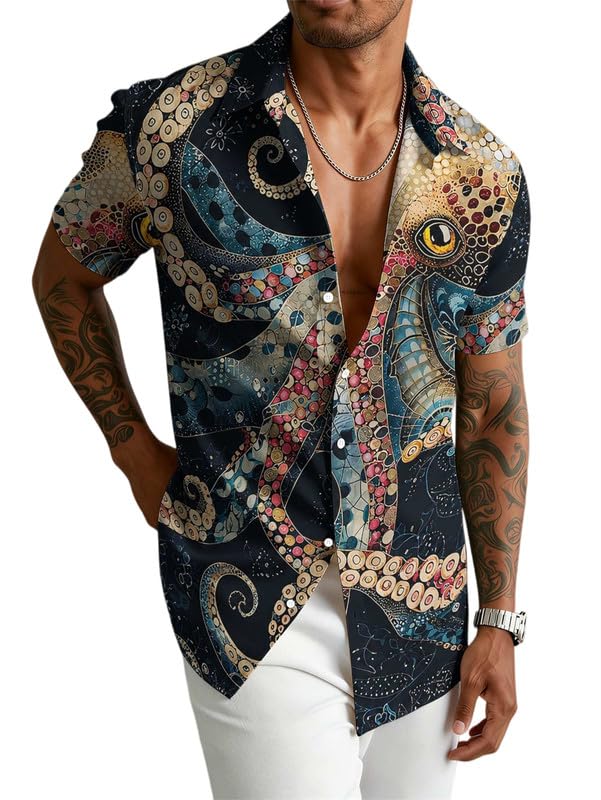 Chemise hawaïenne manches courtes et col revers, haut d'été de plage avec imprimé animalier chat