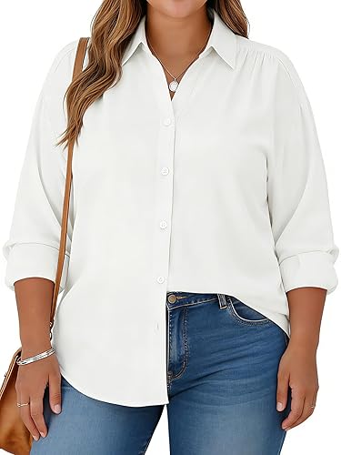 Plus Size Womens Solid Color V Neck Button Down Blouse