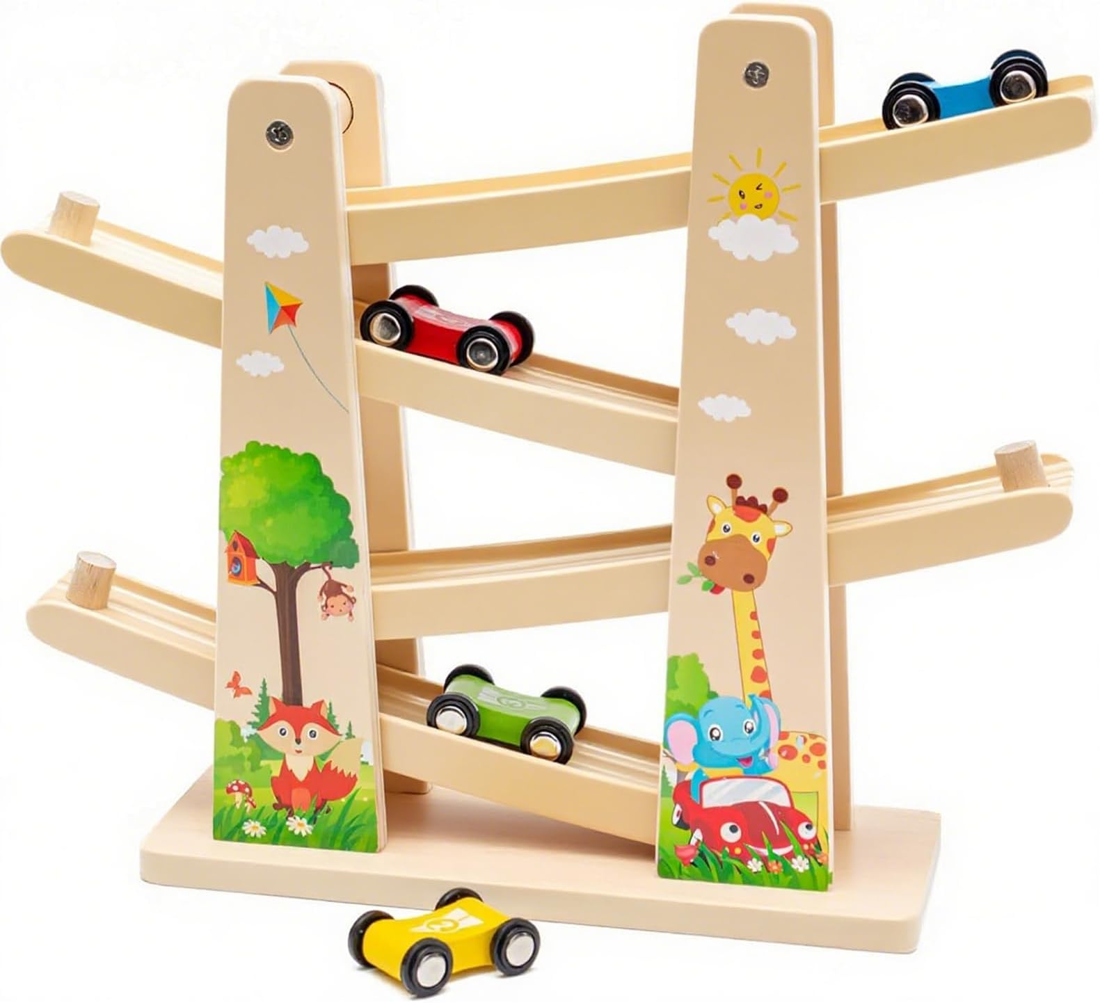 Wooden Car Ramp Toy Zig Zag Cars Slide|Toddler Toys Wooden Race Track with 4 Wood Cars for 1 2 Year Old Boy Gifts