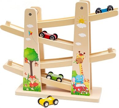 Wooden Car Ramp Toy Zig Zag Cars Slide|Toddler Toys Wooden Race Track with 4 Wood Cars for 1 2 Year Old Boy Gifts