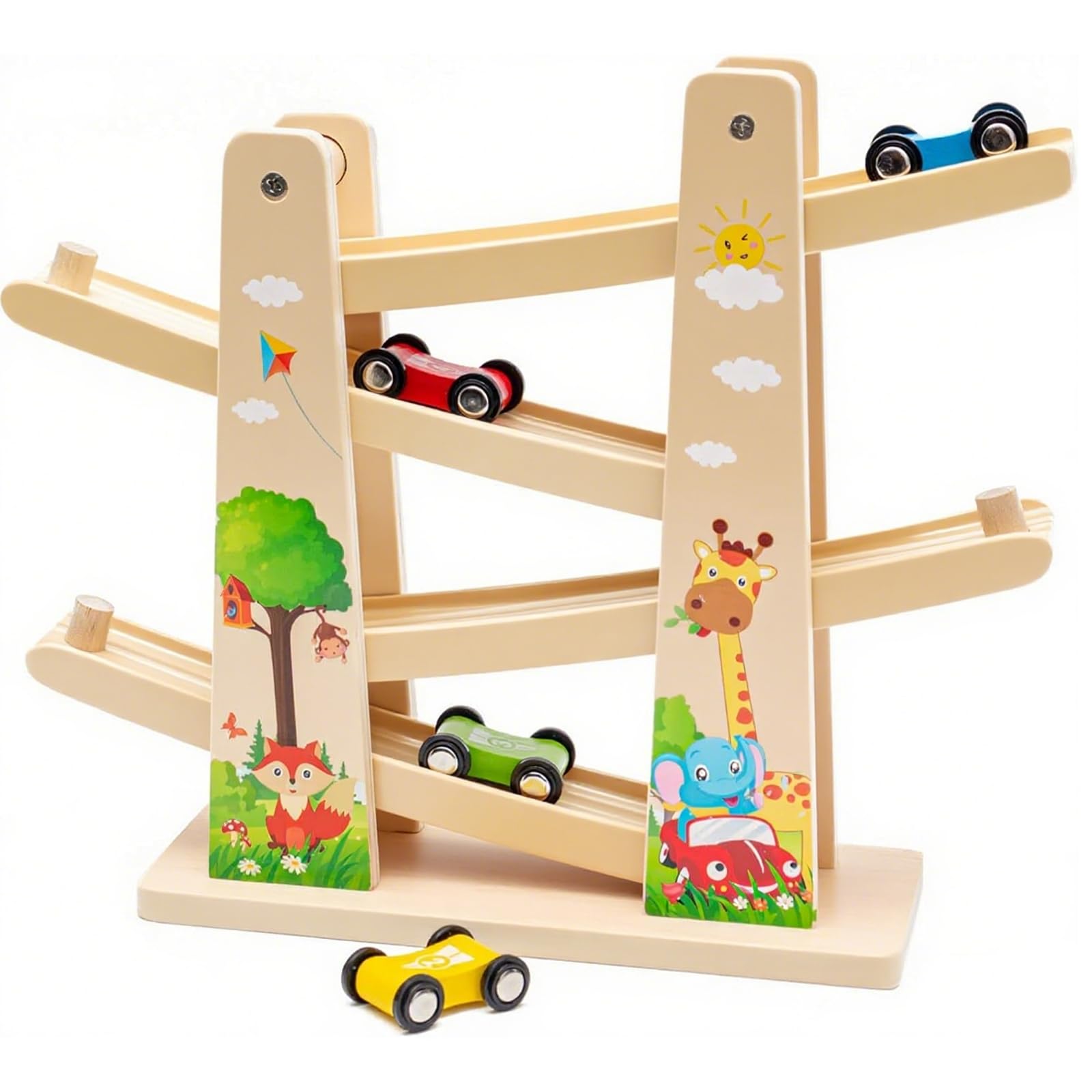 Wooden Car Ramp Toy Zig Zag Cars Slide|Toddler Toys Wooden Race Track with 4 Wood Cars for 1 2 Year Old Boy Gifts