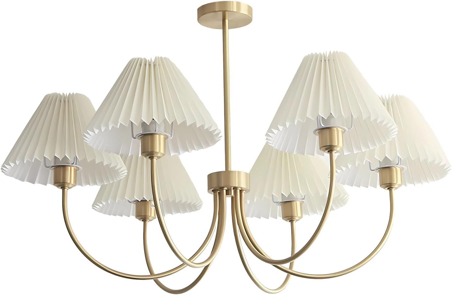 KCO Lighting Kronleuchter Gold 6-Flammig — Pendelleuchte mit Plissierten Stoffschirmen, E27, Höhenverstellbar für Esszimmer & Wohnzimmer