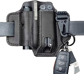 Bestevery Multitool Sheath for Belt, Leather EDC Tools Pocket Organizer for Men, Leatherman Sheath with Pen Holder, Key Fob, Flashlight Sheath, EDC Leather Pouch, Black