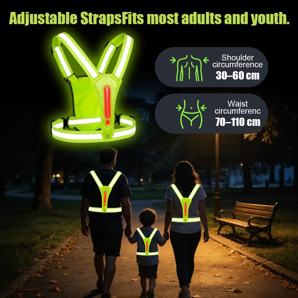 Warnweste Sicherheitsweste, High-Vis reflektierende Warnweste, LEDs Tag und Nacht, 360° Sichtbarkeit mit Fronttasche, Erwachsene & Jugendliche, Einstellbar, für Fahrrad Auto Laufweste Joggen