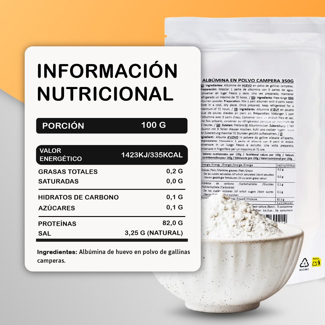 Eipulver aus Freilandeiern (350 g) | Albumin | Pasteurisiertes Eiweiß | Getrocknetes Eiweißpulver | Laktosefrei | Glutenfrei | Im wiederverschließbaren Beutel