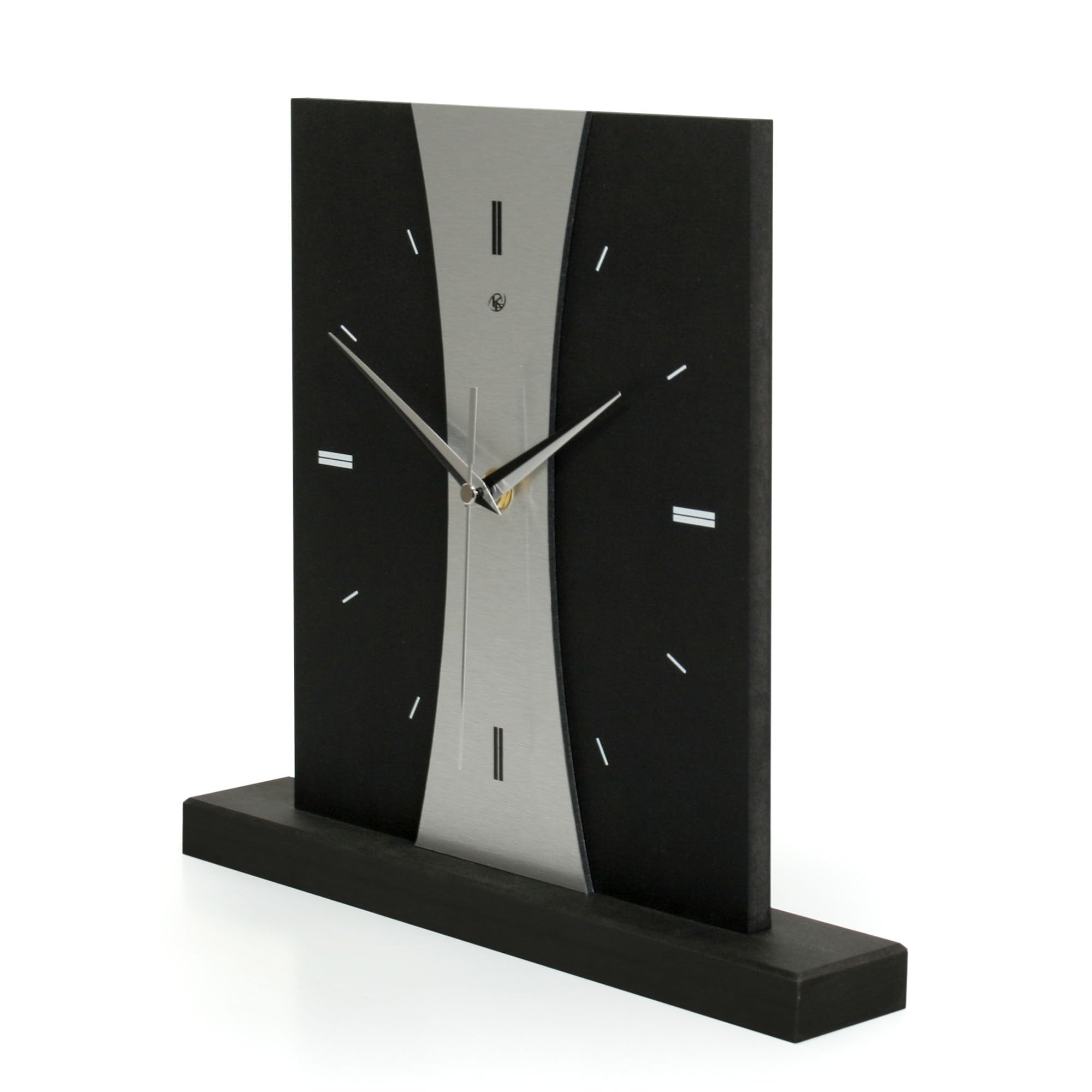 Kreative Feder Designer-Standuhr „Stripe“ aus Holz – Schwarze Tischuhr in modernem Metallic-Look ohne Ticken (Silver Stripe, leises Funkuhrwerk)