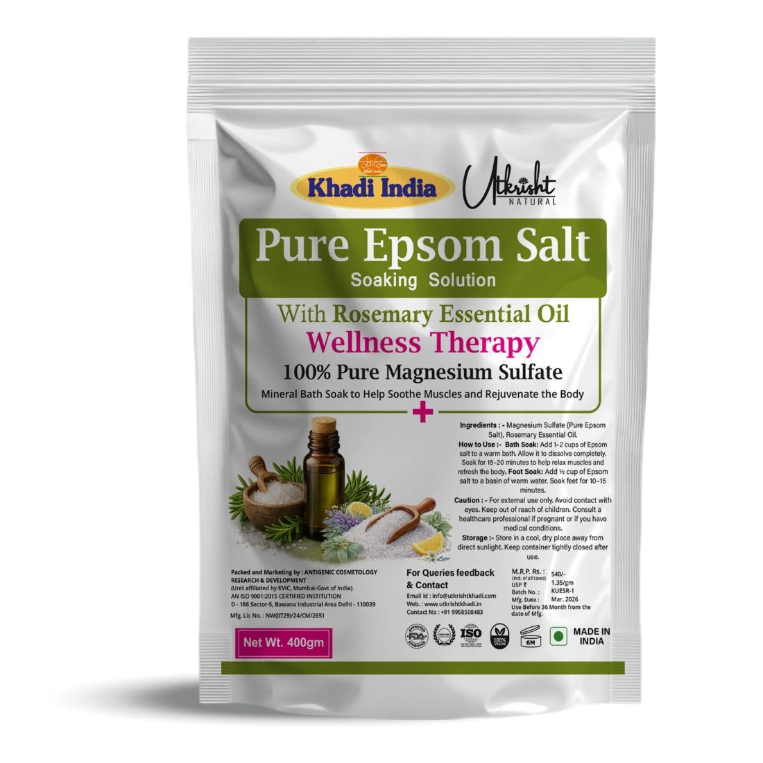 Khadi Utkrisht Pure Epsom Bath Salt with Rosemary Essential Oil for Relaxing Spa Bath, Muscle Pain Relief, Body Detox, Stress Relief & Foot Soak – Natural Magnesium Sulphate Bath Soak for Skin Care & Aromatherapy- 400GM-picture-14