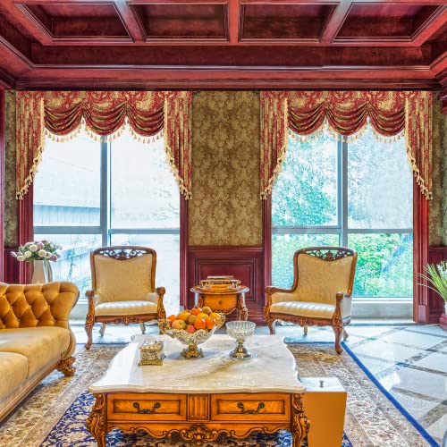 Loom And Mill Luxury Waterfall Valance For Living Room, Classic Damask Jacquard Swag Valances With Tassels, Red Swag Curtains For Bedroom Windows Banquet Christmas Decor, Rod Pocket(W79Inch,1 Panel) #TOP1