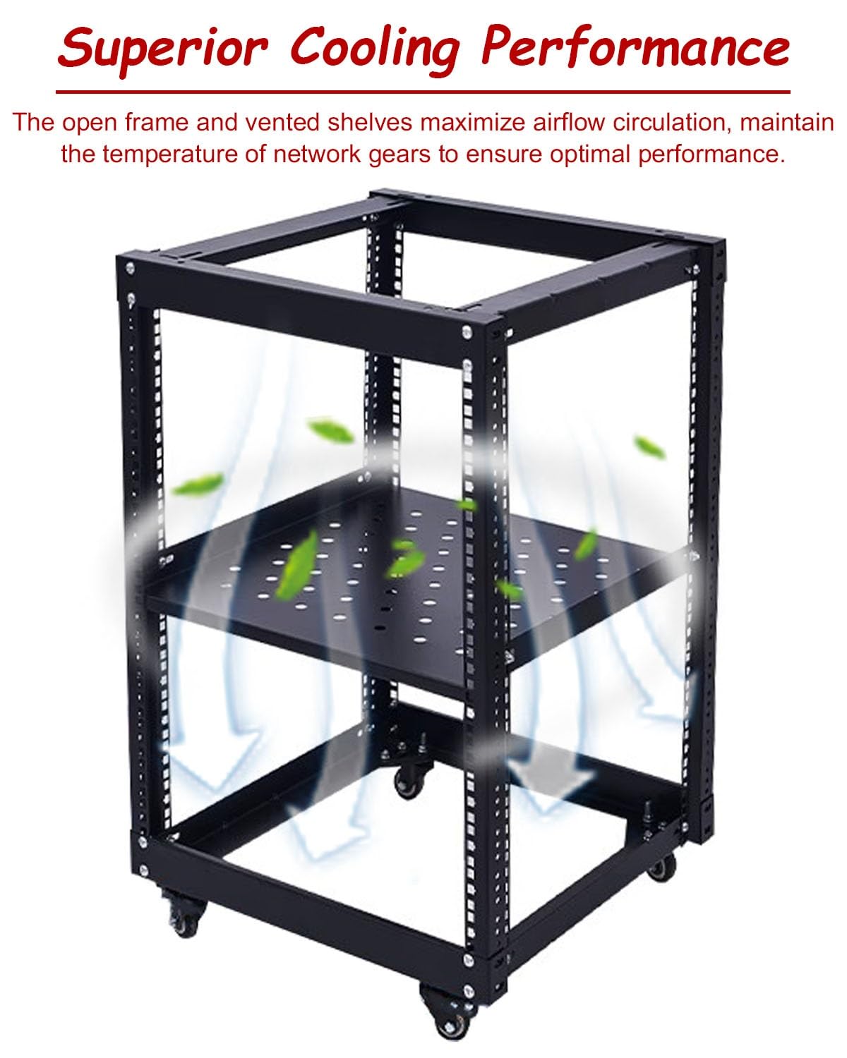 Vibeo Rack di Rete a Telaio Aperto Rack di Rete Mobile a Telaio Aperto con Ruote, Rack Server 6, 9, 12, 15, 18 e 22U per Ufficio, Rack di Rete Ventilato Regolabile da 48 cm(6U,D 29 cm (11 3/8"))