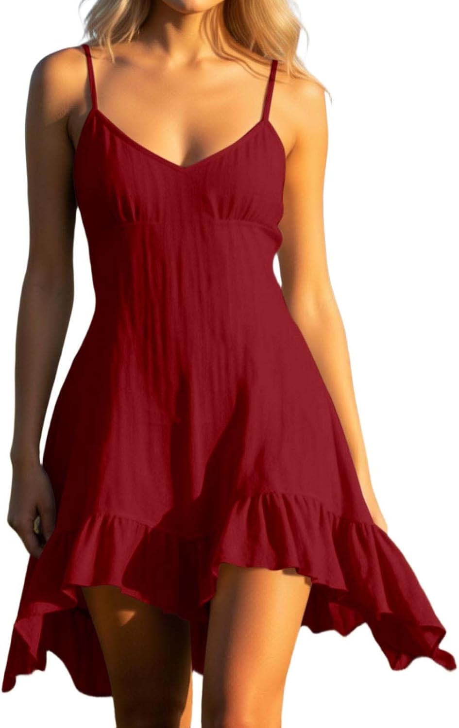 Linen Dresses for Women Summer Travel Spaghetti Strap Mini Dress Casual Flowy V Neck Sundresses Dresses with Lace