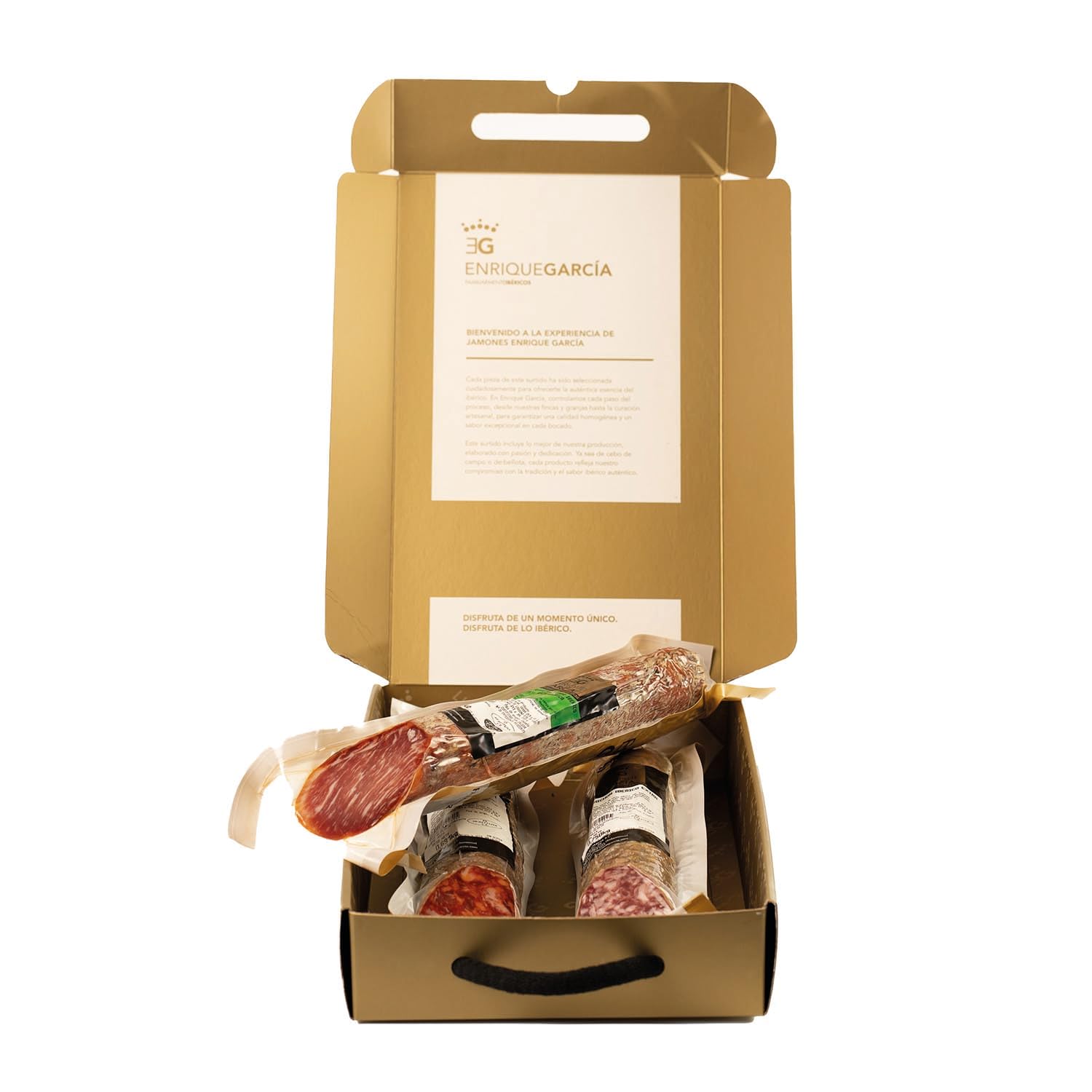 ENRIQUE GARCÍA - Surtido Embutido Ibérico, Caja Regalo con Medio Chorizo y Salchichón Extra, Medio Lomo de Cebo de Campo 75% Ibérico 650 g Aprox Cada Uno