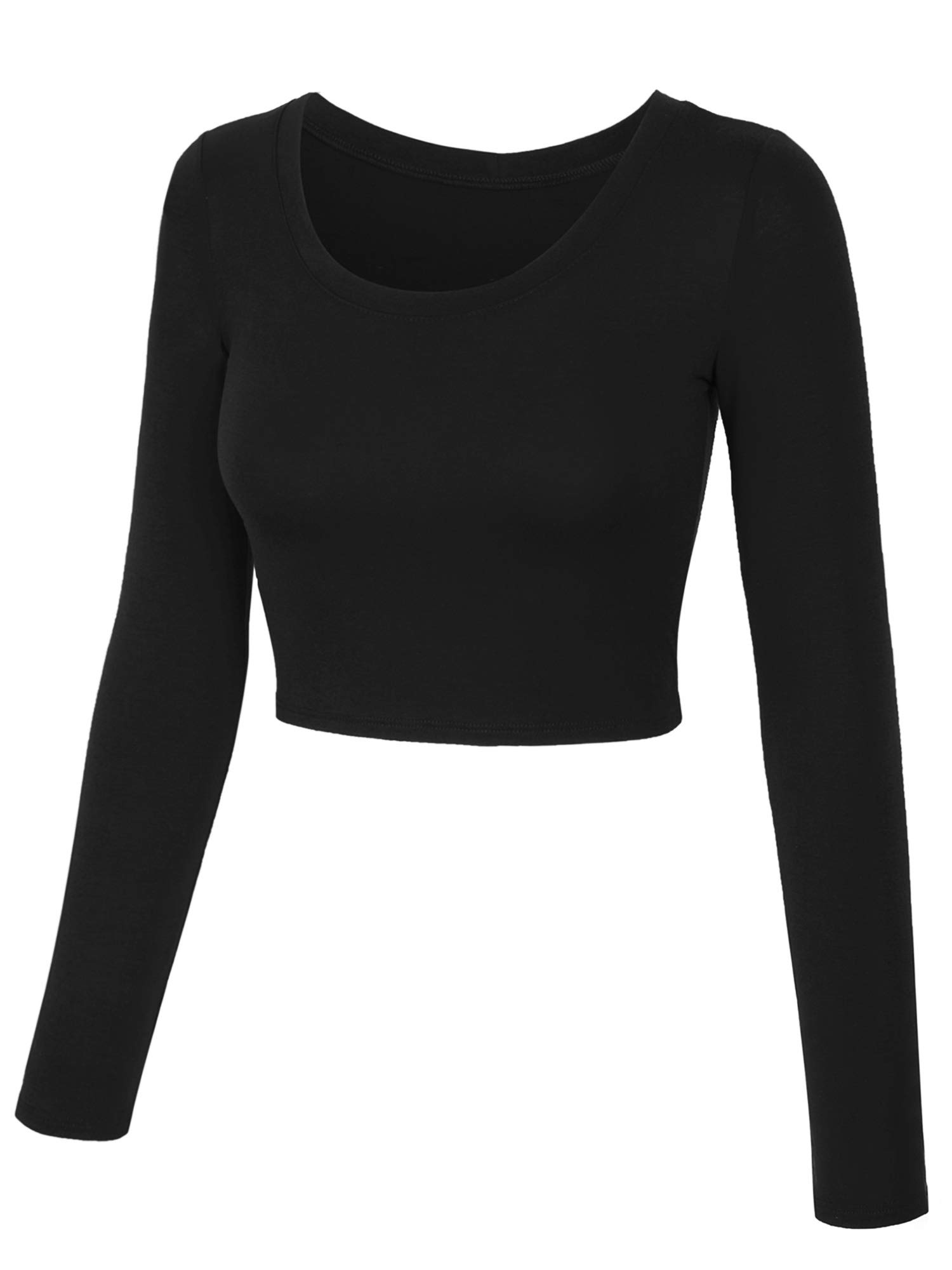 KOGMO Womens Long Sleeve Crop Top Solid Round Neck T Shirt: Medium 224_black